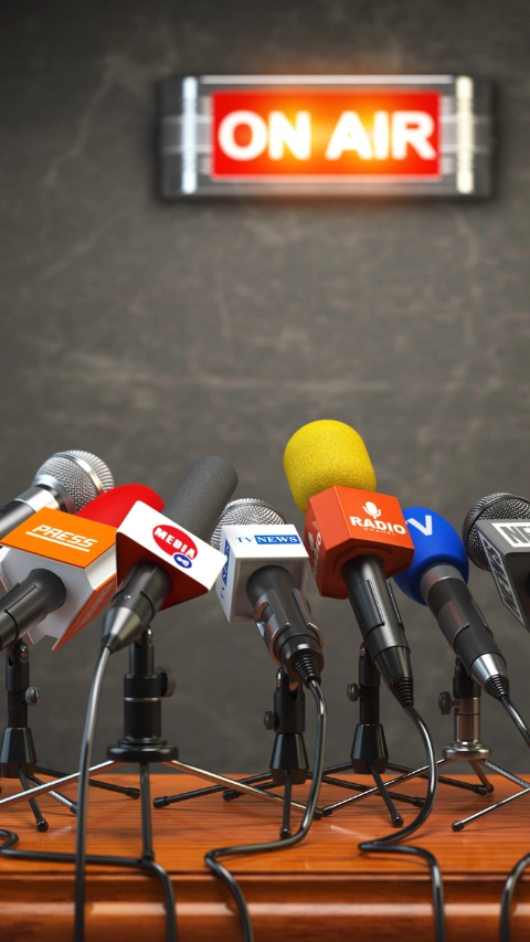 Press conference or interview on air.  Microphones of different mass media, radio, tv and press prepared for conference meeting. 3d illustration.; Shutterstock ID 722159359; Purchase Order: 611232; Job: MarCom Italy; Client/Licensee: Nunhems Netherland BV; Other: Emanuele M